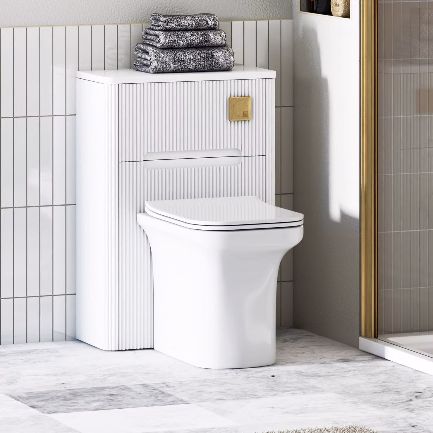 Avenza Matte White Wall Mounted BTW WC Unit with Crosby Rimless Ceramic Toilet Pan, Soft Close Seat and Cistern, Width: 55 cm