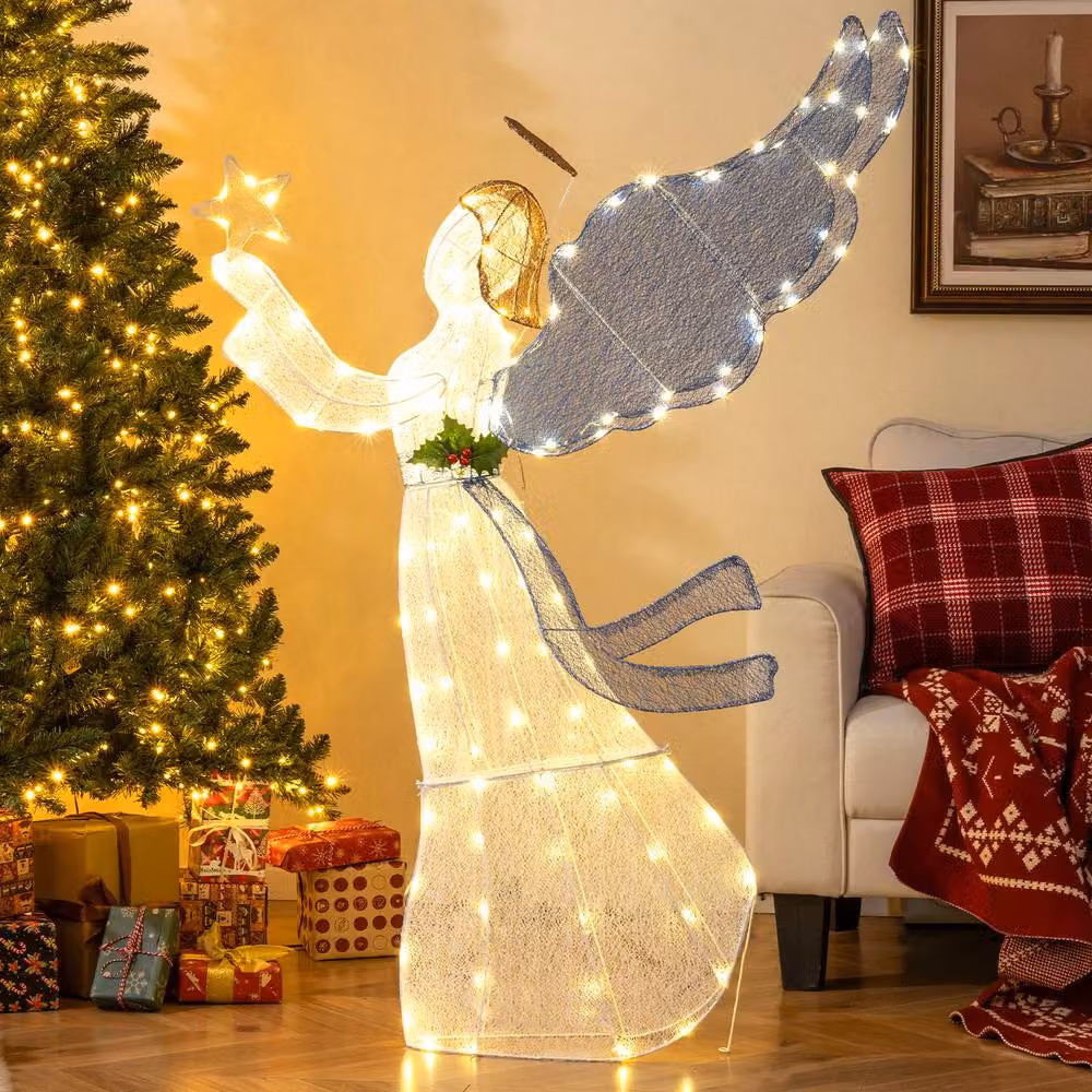 Costway 5FT 3D Glittered Christmas Angel Decoration with Wings and LED Lights in White and Multicolour, Height: 152.4 cm – 8