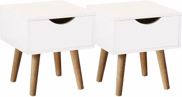 Home Source White Modern Bedside Cabinet with One Drawer and Oak Wooden Legs, W/D/H: 30.0 x 32.5 x 30.0 cm