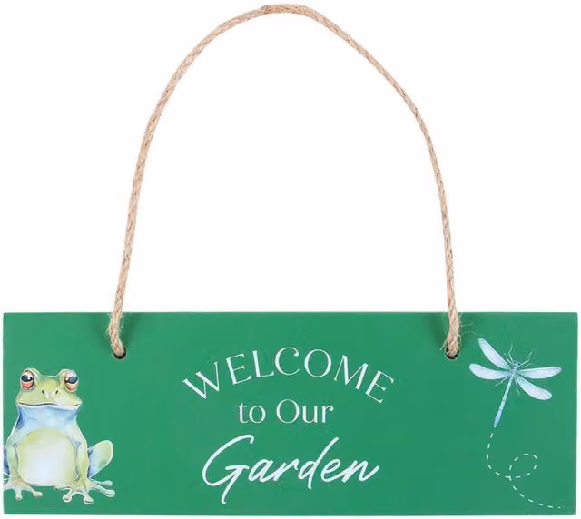 Something Different Welcome To Our Garden Hanging Sign, Green Wood Rectangular Sign with Floral and Animal Graphics