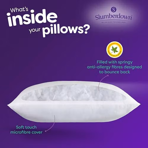 Slumberdown 2 Pack Anti Allergy Soft Microfibre Pillows in White, W: 74 cm, H: 48 cm – 3