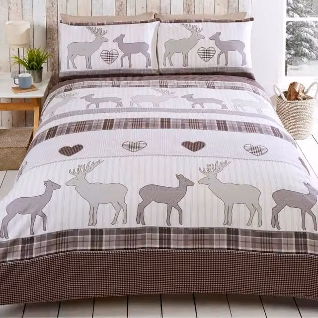 Rapport Home St Andrews Reversible Checked Cotton Duvet Set and Pillowcase, Beige, W: 90 cm, H: 200 cm