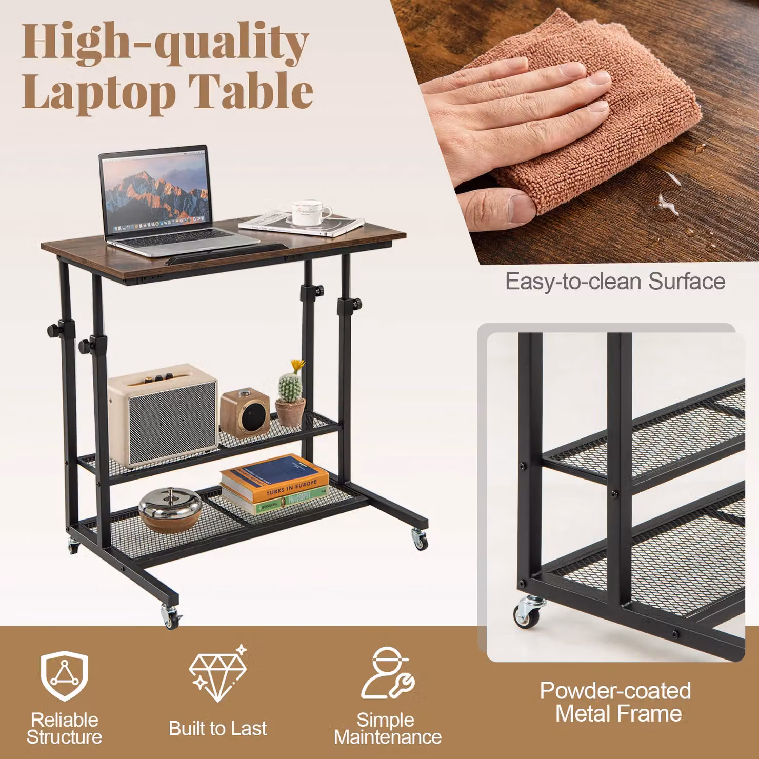 Gymax Height Adjustable Mobile Standing Desk with Tilting Tabletop and Shelves in Brown – 5