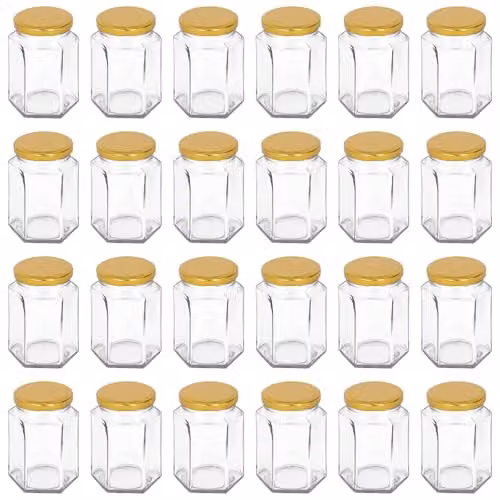 Argon Tableware Set of 24 Hexagonal Glass Jam Jars with Gold Screw Top Lids, 250ml