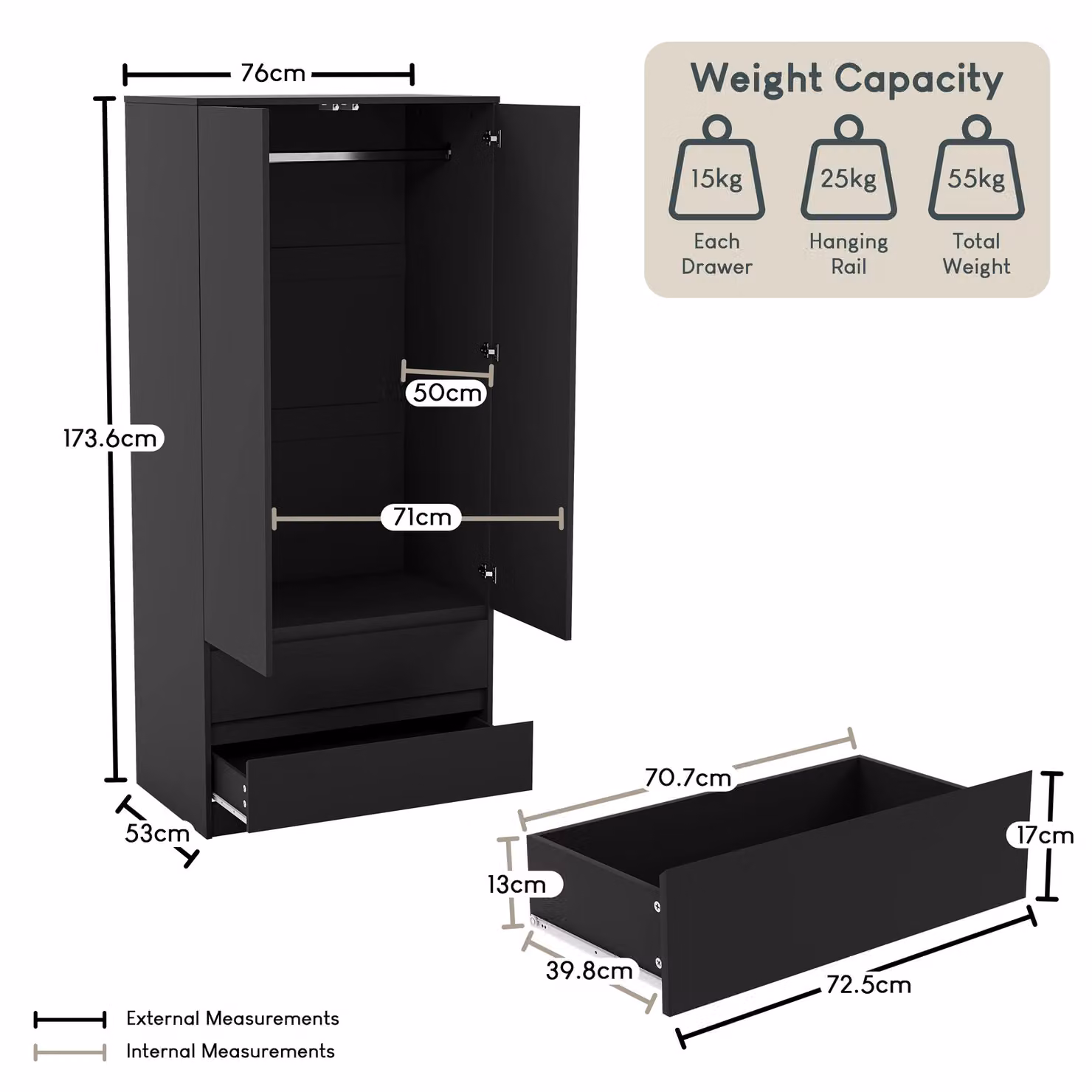 Vida Designs Denver 2 Door Wardrobe with Drawers in Matt Black MDF – 2