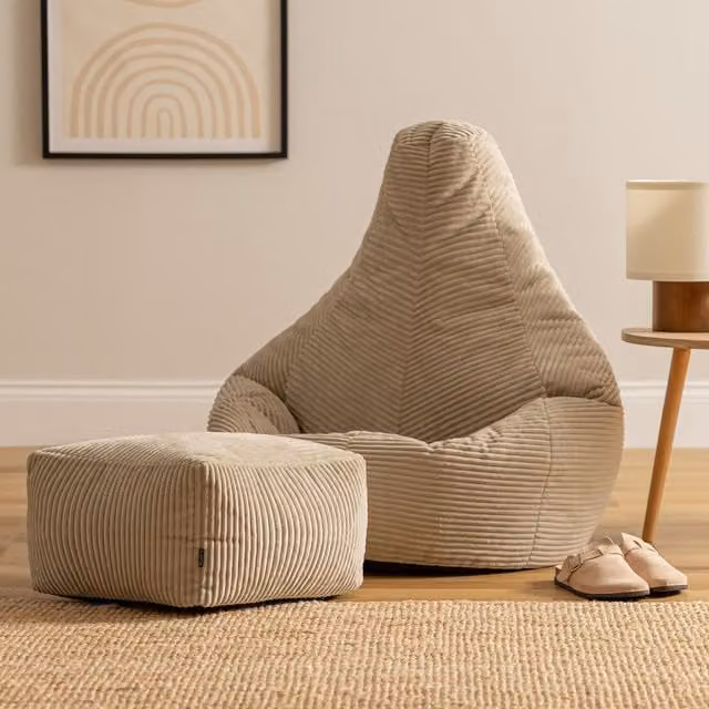 ICON Dalton Gaming Bean Bag Chair and Footstool in Stone Corduroy