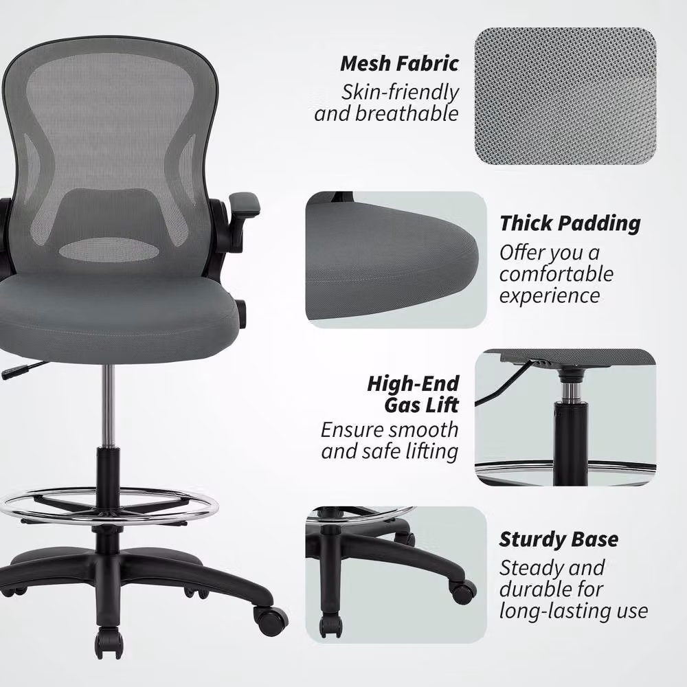 Vinseto Ergonomic Mesh Drafting Office Chair with Foot Ring and Lumbar Support in Grey – 7