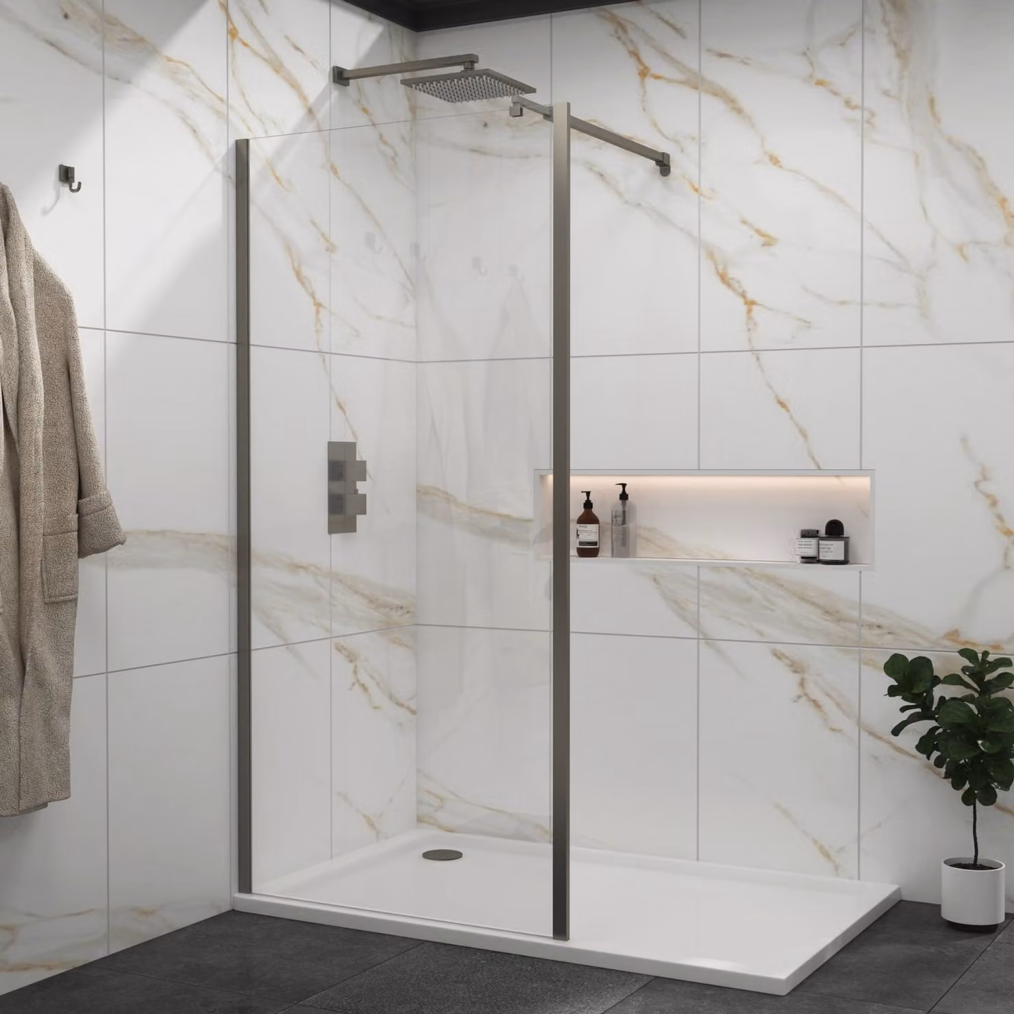 Royal Bathrooms Marbella Walk in Wet Room Shower Screen with Outer Frame, Gun Metal Grey, W: 900 mm, 8 mm Easy Clean Glass