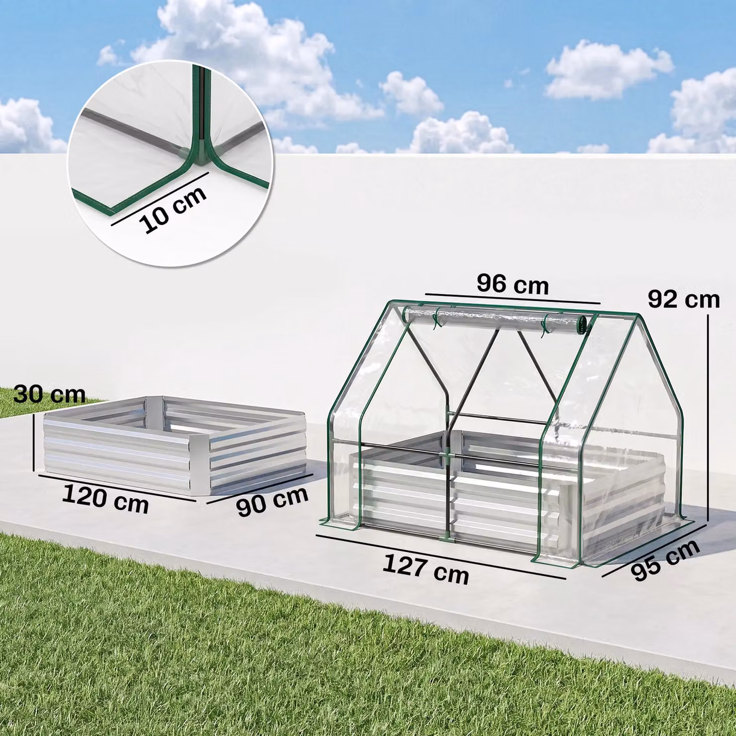 Outsunny Steel Raised Garden Bed Planter Box with Greenhouse and Window in White – 4
