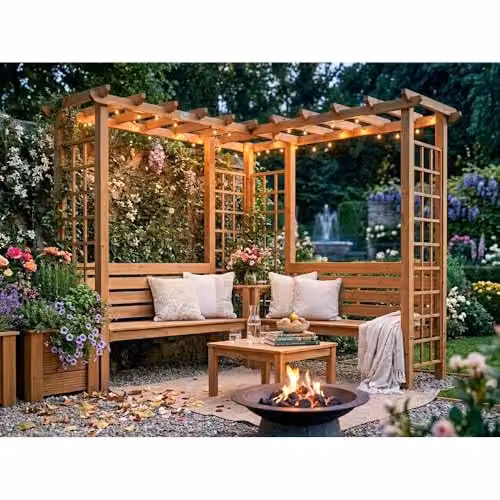 Dunster House Gerlinde Wooden Garden Pergola Trellis Arbour with Corner Bench, Armrests and Mini Corner Table, Brown, W: 230 cm, D: 230 cm, H: 203 cm – 2