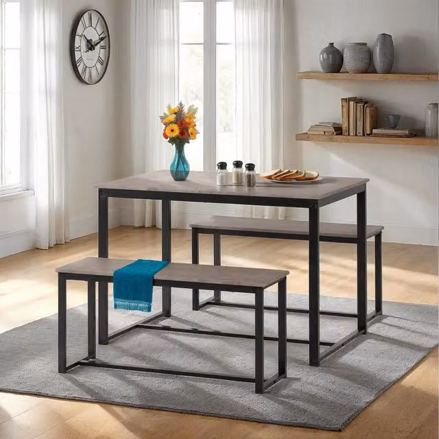 Seconique Lincoln Industrial Dining Table and Bench Set in Oak with Grey and Beige MDF Laminate Finish