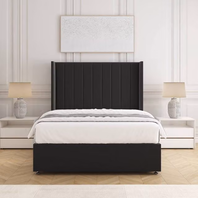 BSSPOKE Hannah Divan Bed Set with 54 inch Plush Velvet Headboard and Mattress in Black, Size: Single (90 x 190 cm)