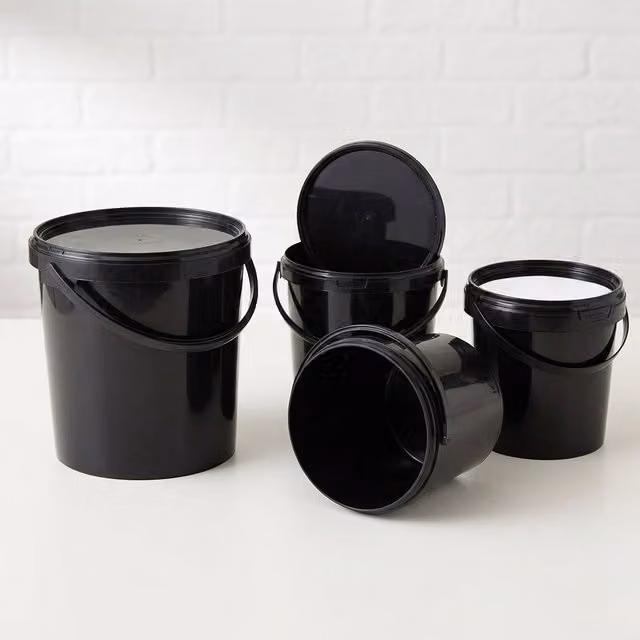 Storm Trading Group 2 x 10L Black Plastic Storage Buckets with Snap Lids and Handles