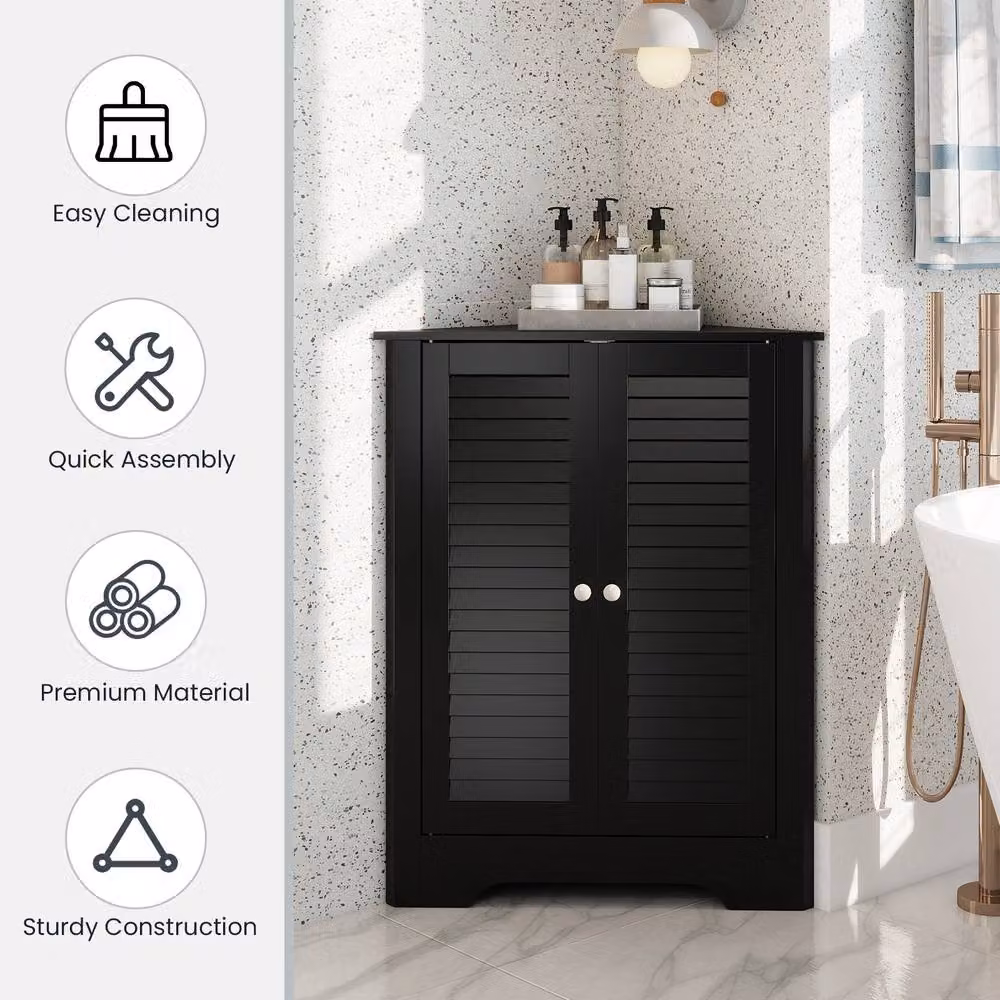 Gymax Freestanding Corner Storage Cabinet with Double Roll Shutter Doors in Black – 7