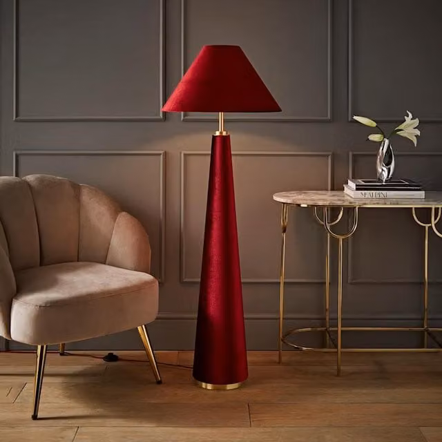 ValueLights Martha Conical Velvet Floor Lamp in Red and Gold/Brass