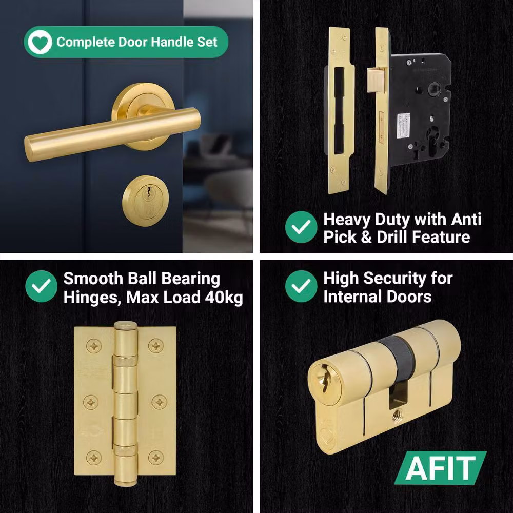 AFIT Satin Brass Euro Cylinder Door Handle Lock and Hinges Complete Set in Gold – 6