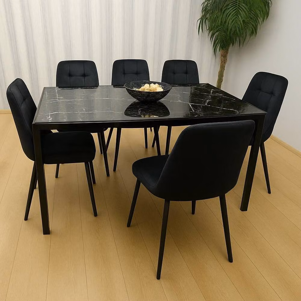 KOSY KOALA Black Glass Marble Effect Dining Table Set with Velvet Chairs, W/D/H: 140 x 80 x 75 cm – 2