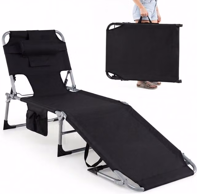 Costway Black Folding Chaise Lounge Beach Chair with Adjustable Headrest and Multi-Position Glide
