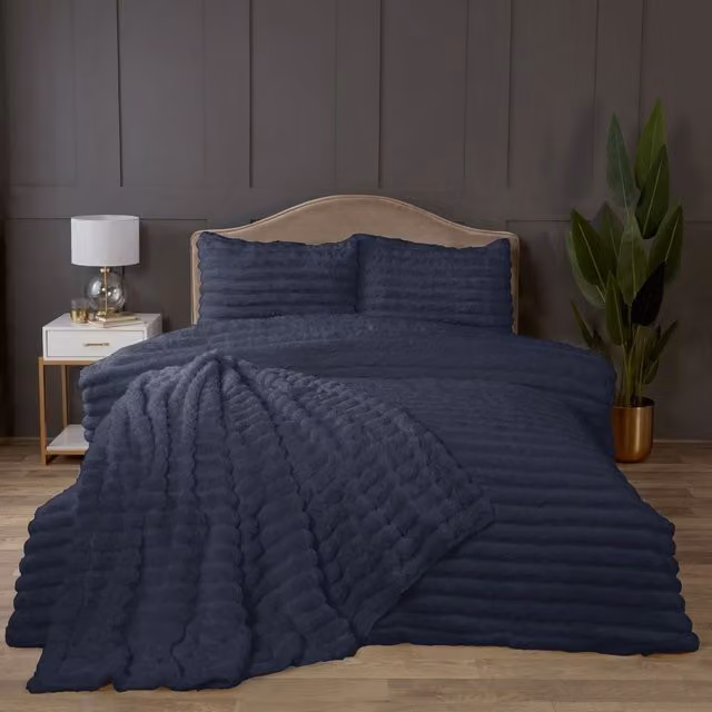 Rapport Home Chunky Ribbed Plush Duvet Cover and Pillowcase Set, Midnight Blue, W: 90 cm, L: 200 cm