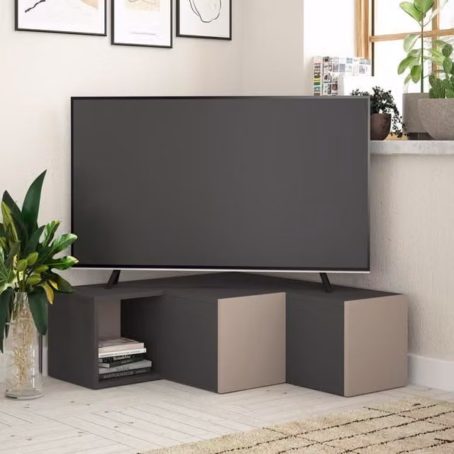 FWStyle 2 Drawer Corner TV Unit with Open Shelf in Anthracite and Grey