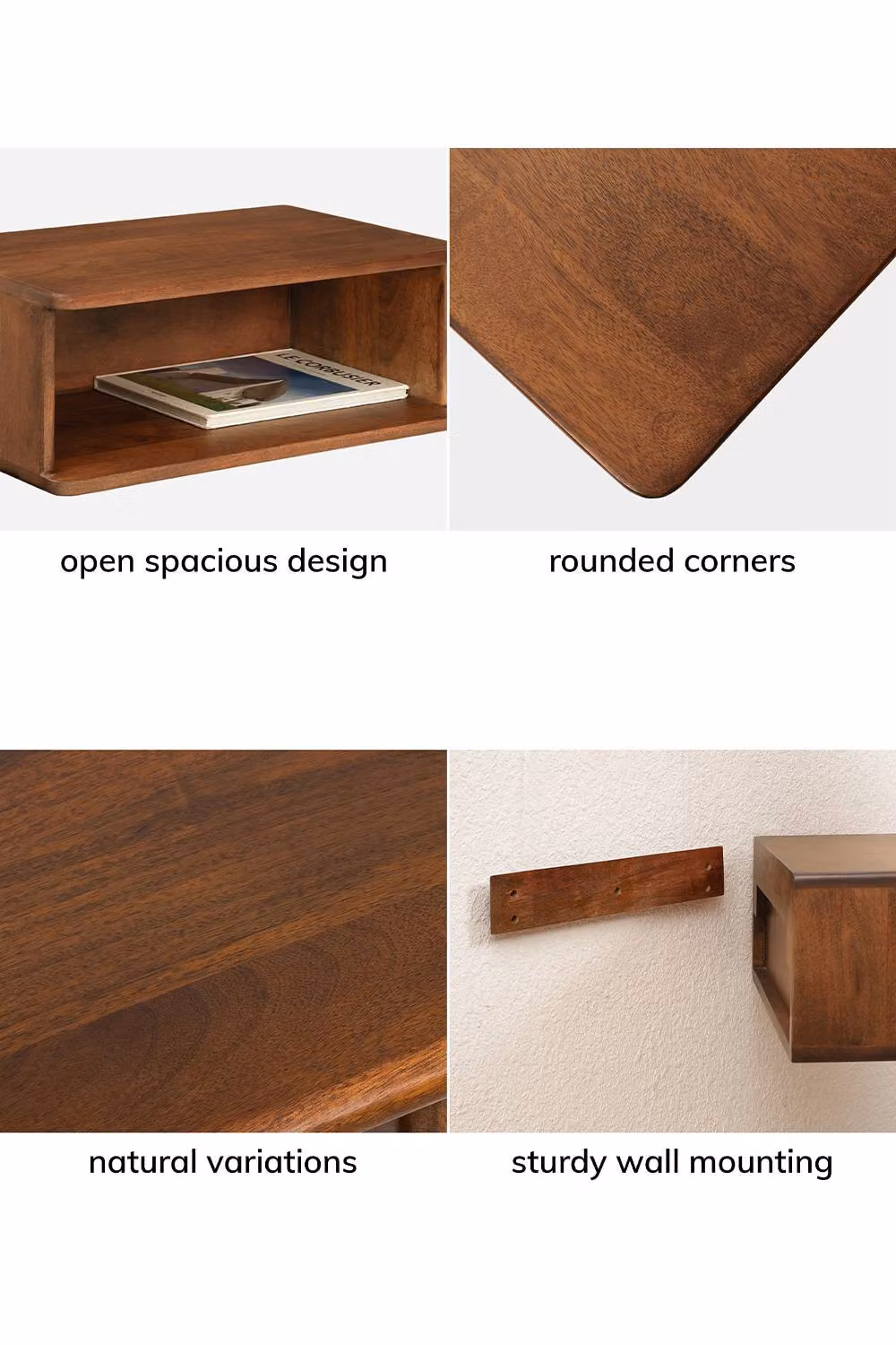 MH London Solie Floating Nightstand, Wall Mounted Bedside Table with Open Storage Shelf in Solid Walnut Wood, Brown – 4