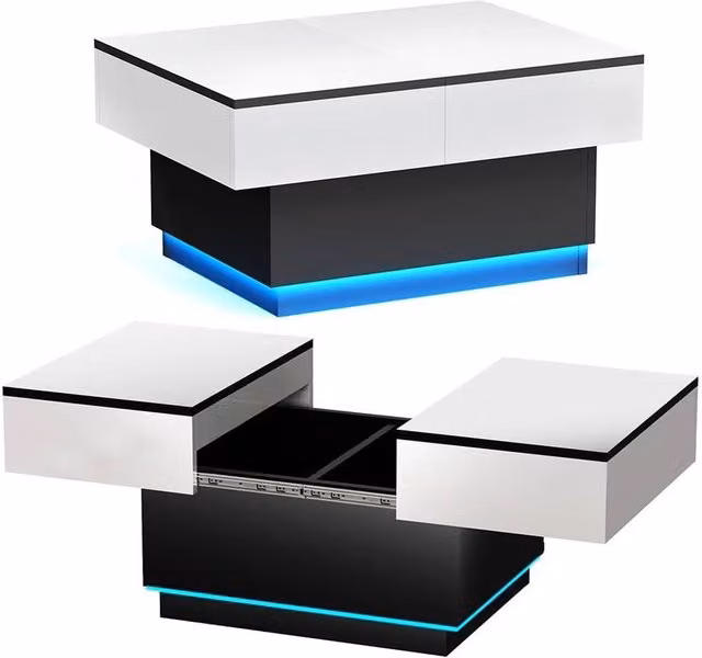 FORGEVIO Modern White Glossy LED Coffee Table with Extendable Lift Mechanism and Storage