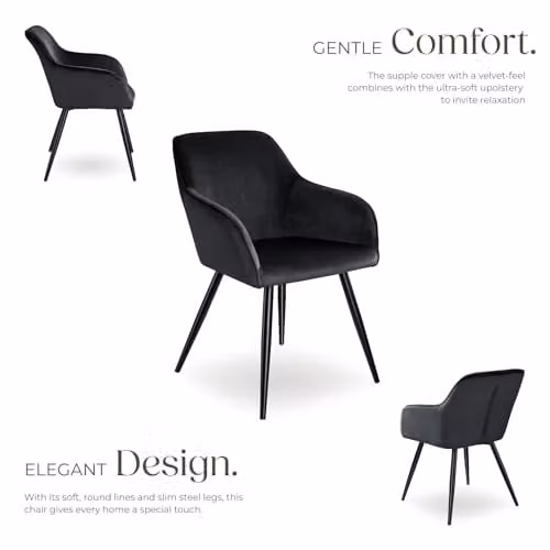 tectake Marilyn Dining Chair in Black Velvet with Armrests, W/D/H: 58 x 62 x 82 cm – 5