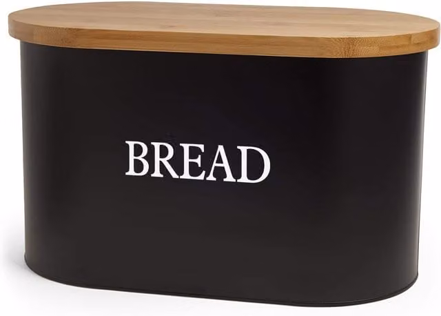 VonShef Stainless Steel Bread Bin with Bamboo Cutting Board Lid, Black