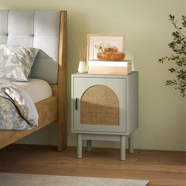 HOMCOM Green and White Rattan Bedside Table with Adjustable Shelf