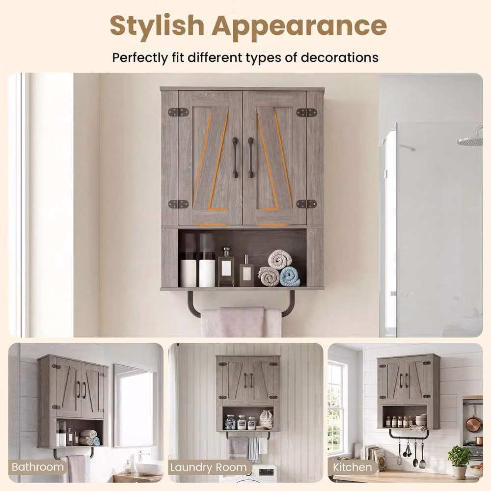 VOGREX Grey Rustic Farmhouse Wall Mounted Cabinet with Hinged Doors and Internal Shelves – 4