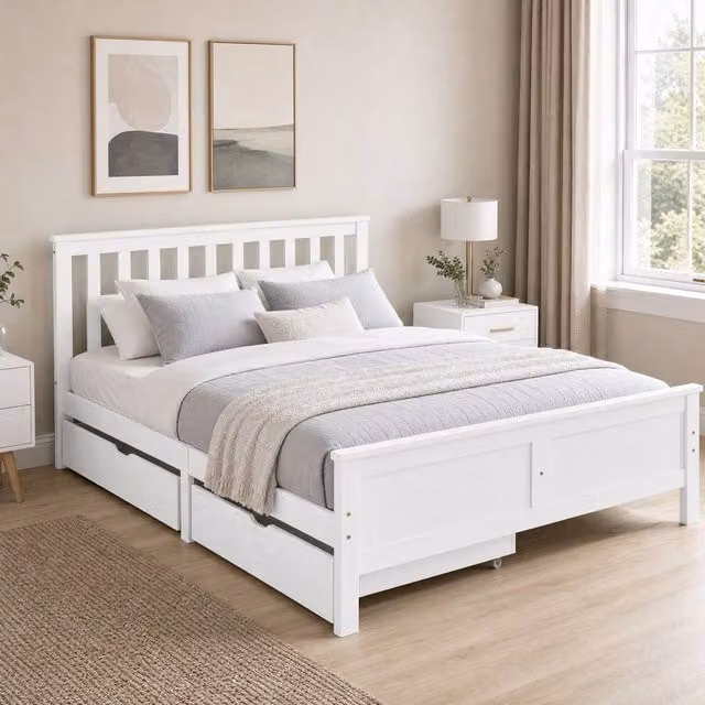 STILVORA Double Bed Frame with Storage Drawers in White