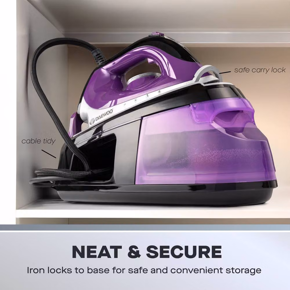 Daewoo 2400W Electric Steam Generator Iron with 1.2L Detachable Water Tank and Ceramic Soleplate in Purple or Black – 7