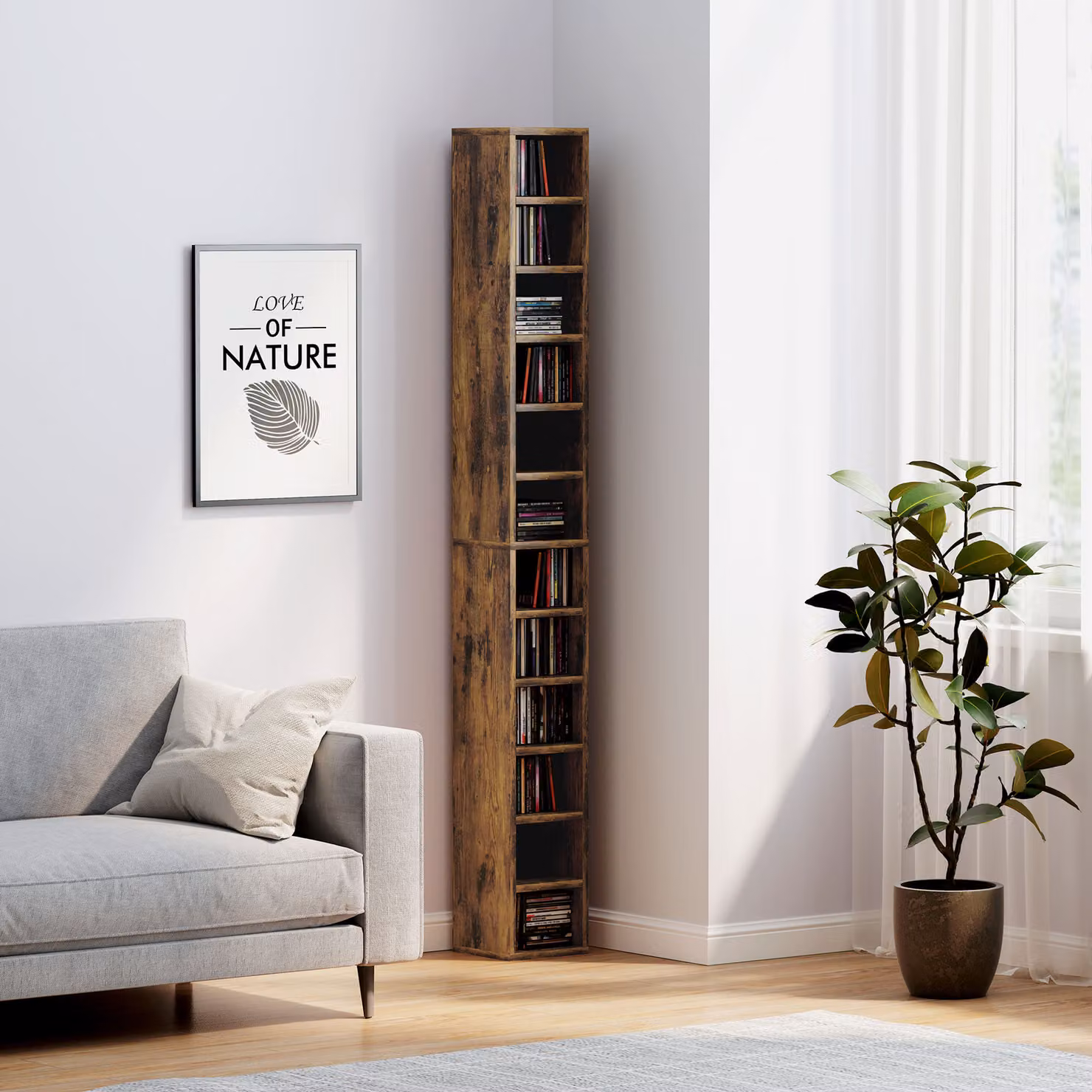 HOMCOM 204 CD Tall Narrow Media Storage Tower in Rustic Brown – 7