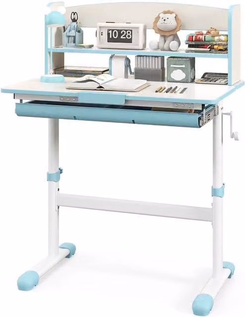 Costway Height Adjustable Childrens Writing Desk with Tilting Desktop in Blue