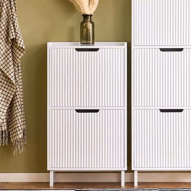 SoBuy Modern White Narrow Shoe Cabinet with Tilting Compartments and Hinged Doors