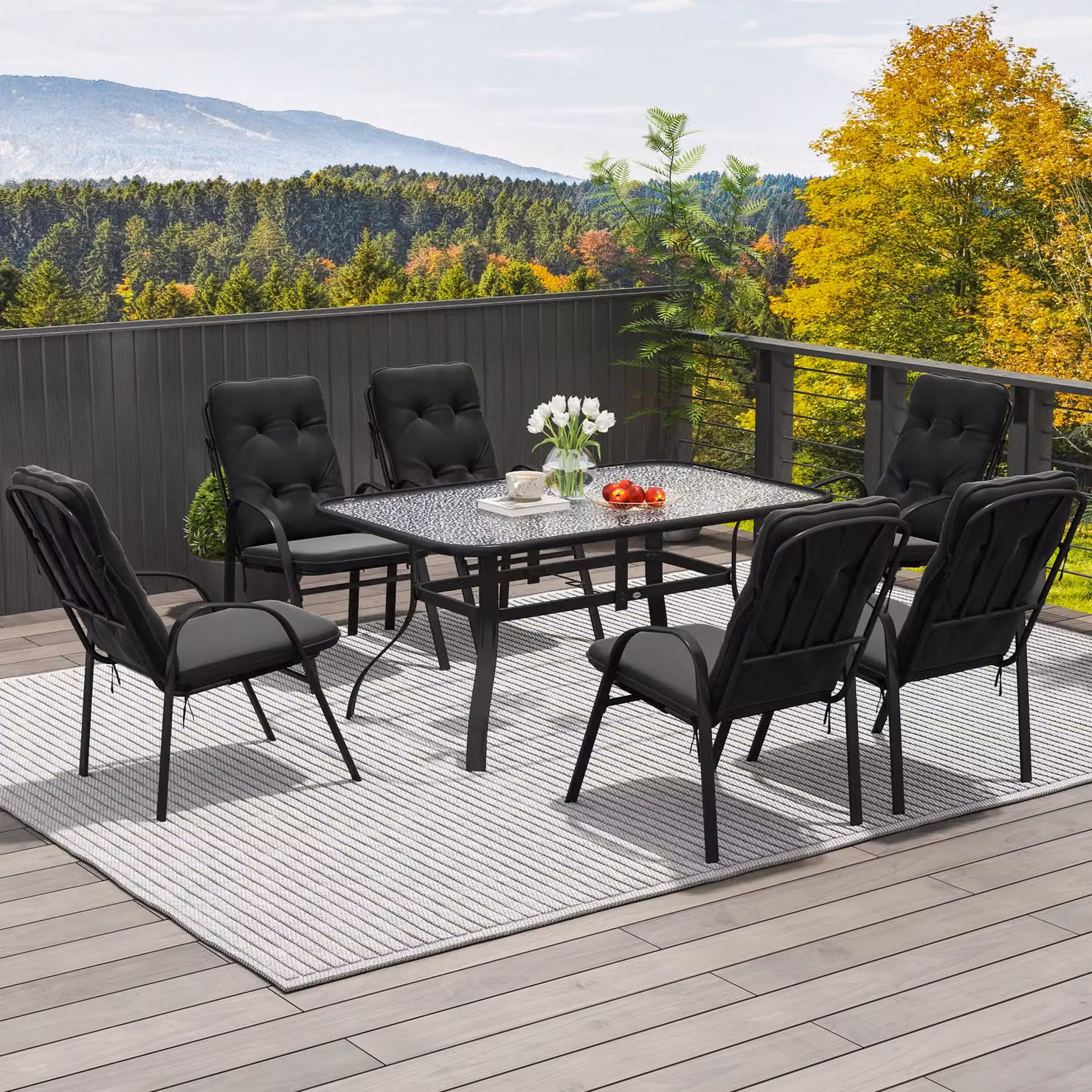 OUTSUNNY 7 Piece Modern Garden Dining Set with Glass Table and Cushions, Black – 7