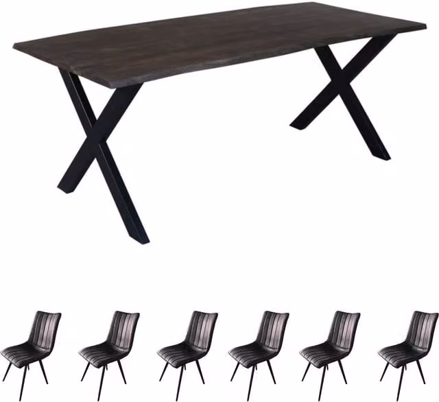 IH Design Live Edge Acacia Wood and Metal Rectangular Dining Table Set with 6 Grey Chairs