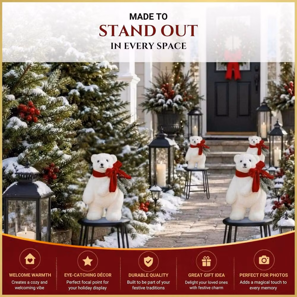 Shatchi Battery Operated Warm White LED Polar Bear Christmas Decoration, White and Red, Height: 20 cm – 7