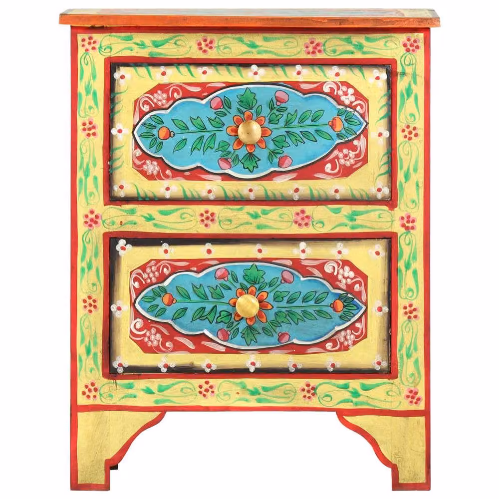 Berkfield Home Hand Painted Floral Bedside Cabinet in Multicolour Solid Mango Wood, W: 40 cm, D: 30 cm, H: 50 cm – 2
