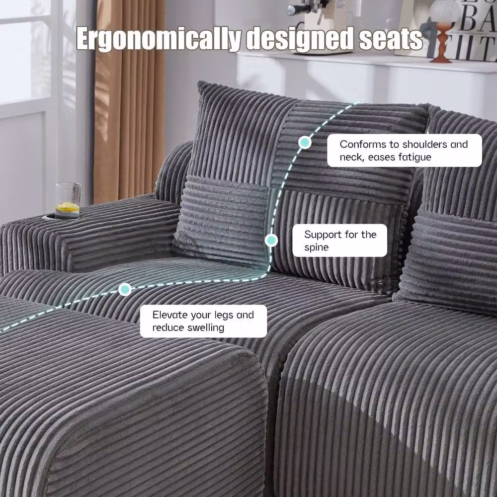 Rolipo Dark Grey Modular 2-Seater Corduroy Sofa with Matching Ottoman and Storage – 3