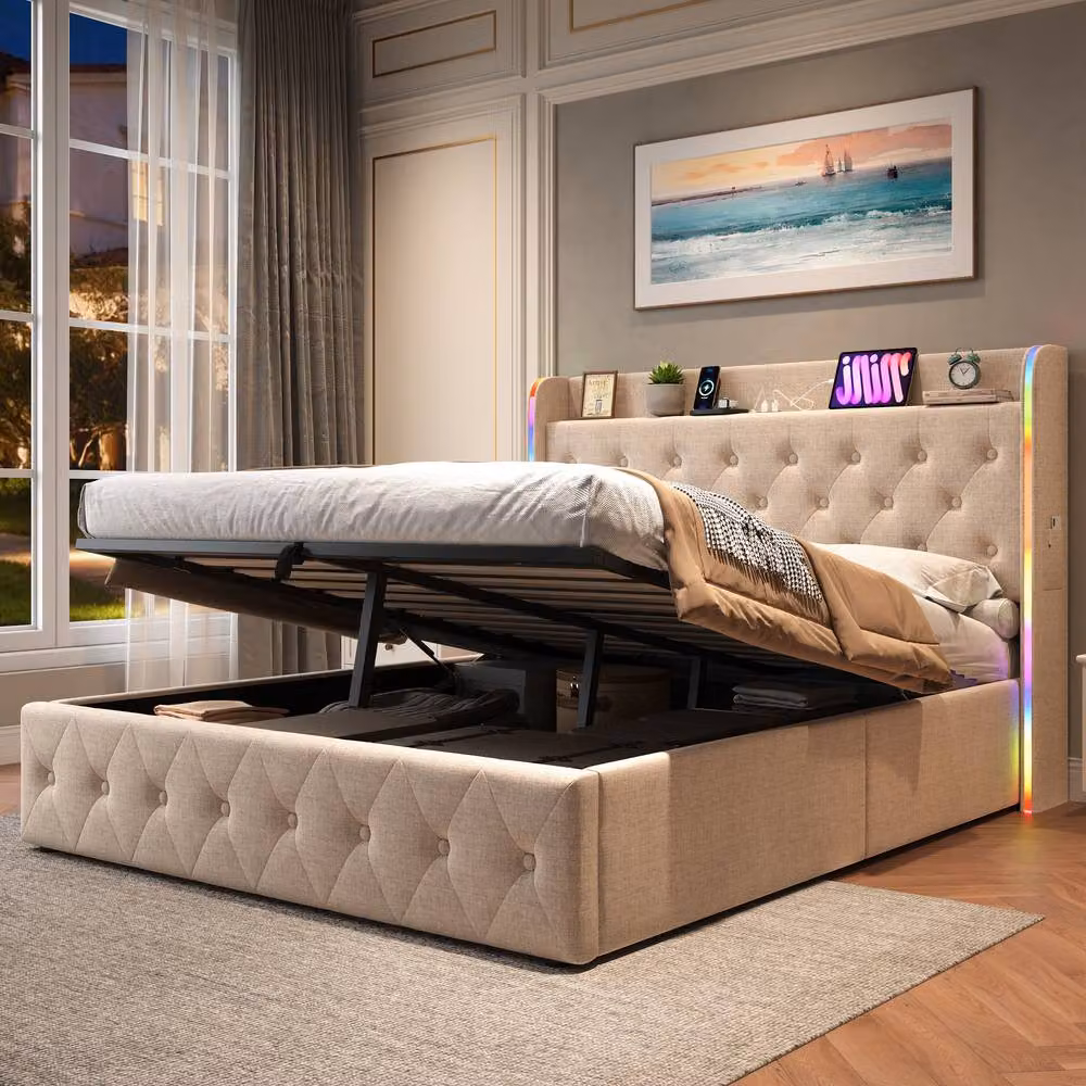Rolipo Double Upholstered Bed Frame in Beige with Hydraulic Storage, LED Under-Bed Lighting and USB Charging Port – 2