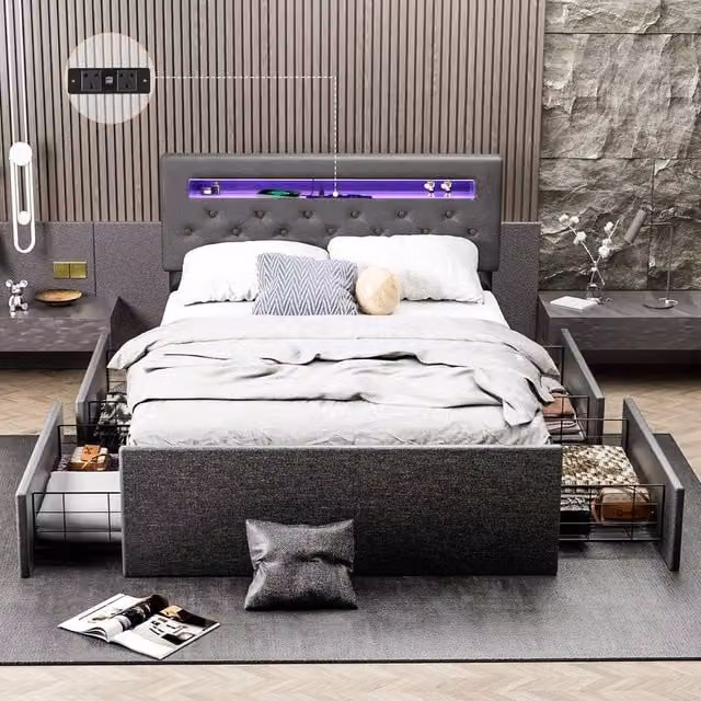 PAWNORA Double Bed Frame with LED Under-Bed Lighting in Dark Grey Fabric