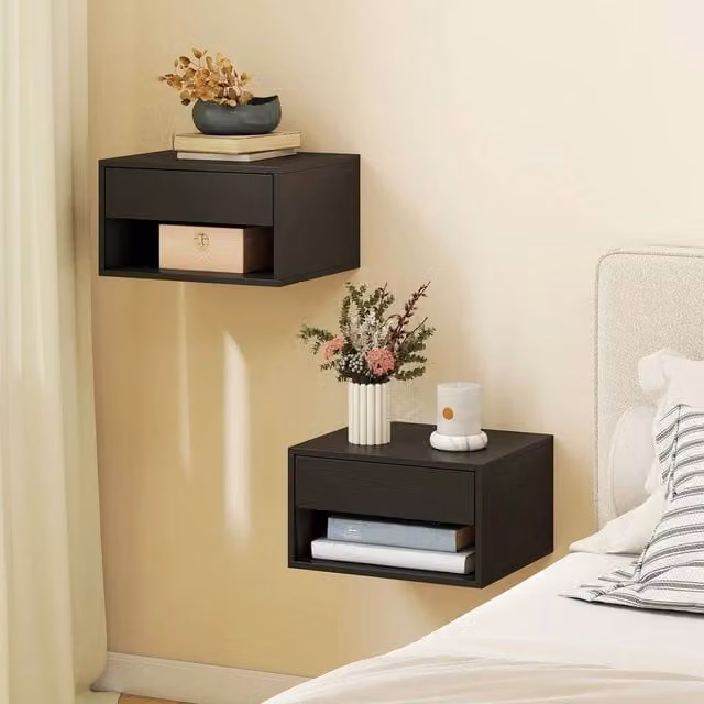 EONLION Set of 2 Black Modern Bedside Tables with Drawer and Shelf – 1