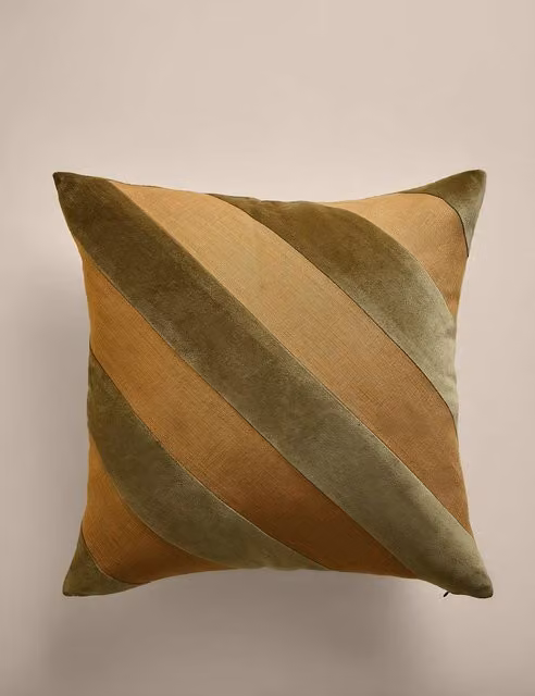 M&S Pure Cotton Velvet Diagonal Stripe Square Cushion in Moss Green