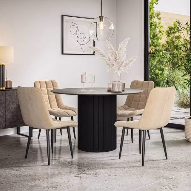 More4Homes Arlo Concrete Round Dining Table with Black Legs and 6 Nova Beige Velvet Dining Chairs Set – 1