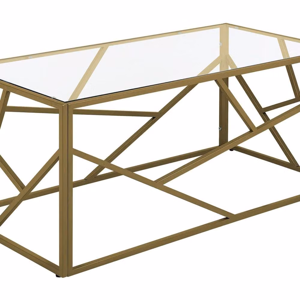 Wyld and Coco Geometric Gold Metal Frame Coffee Table with Glass Top W: 100 cm, D: 50 cm, H: 45 cm – 2