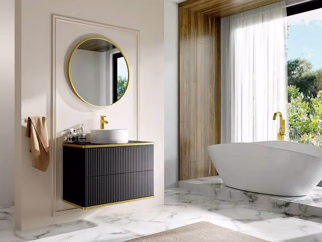 Vente-unique Suspended Black Bathroom Cabinet with Striped Gold Trim and Round Details, W/D/H: 80 x 47 x 54 cm