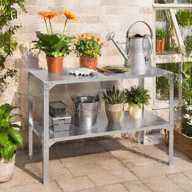 STILVORA 2 Tier Garden Potting Bench in Silver Galvanised Steel, W: 110 cm, H: 75 cm