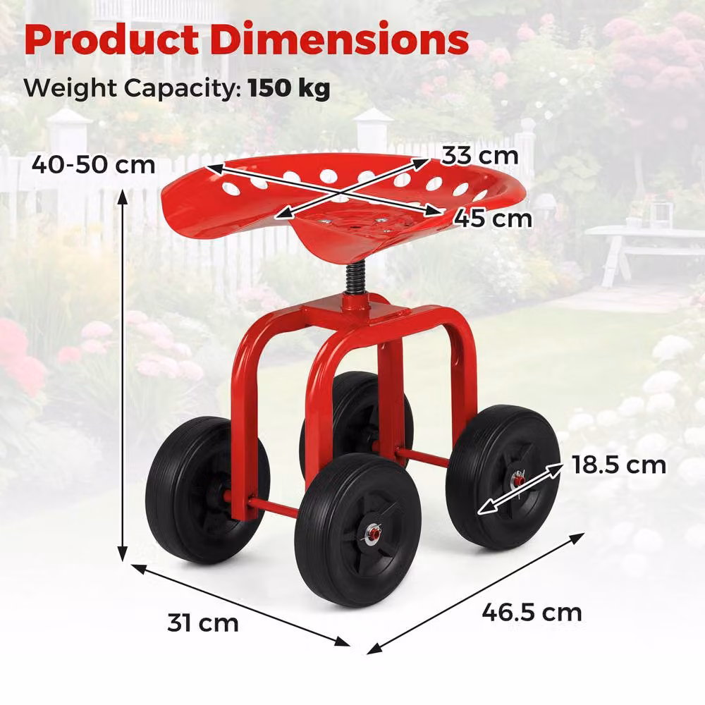 Costway Garden Cart Rolling Wagon Scooter with Height Adjustable Seat in Red – 2