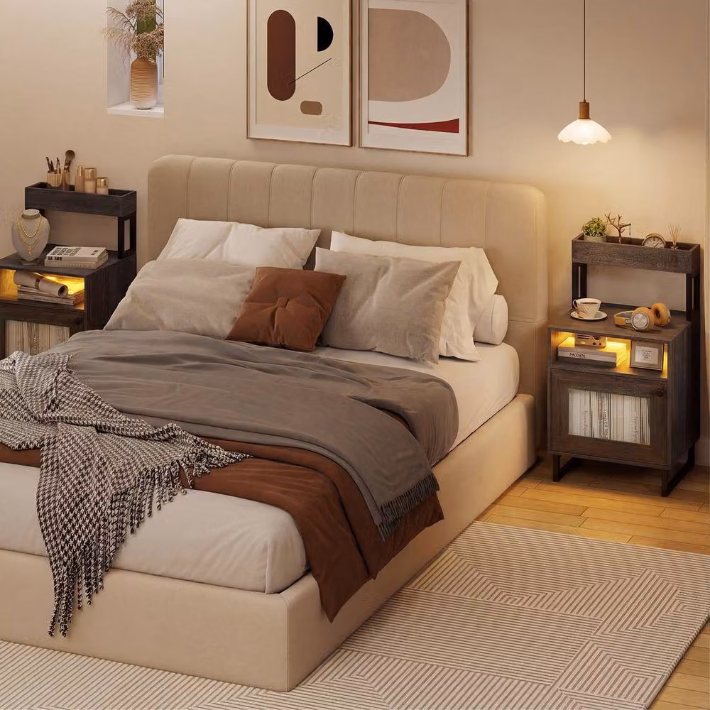 Costway Modern Grey Nightstand with Integrated Lighting and Top Tray – 4